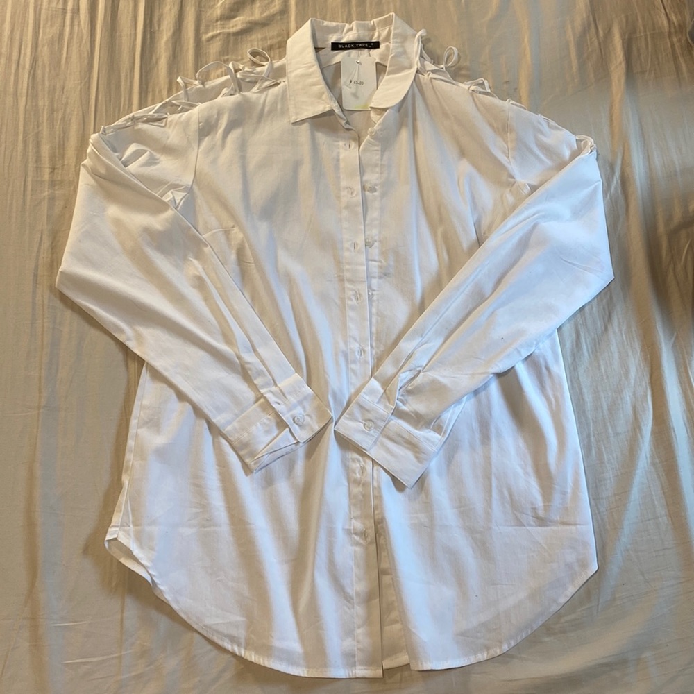 Black tape white button up shirt with shoulder cut out